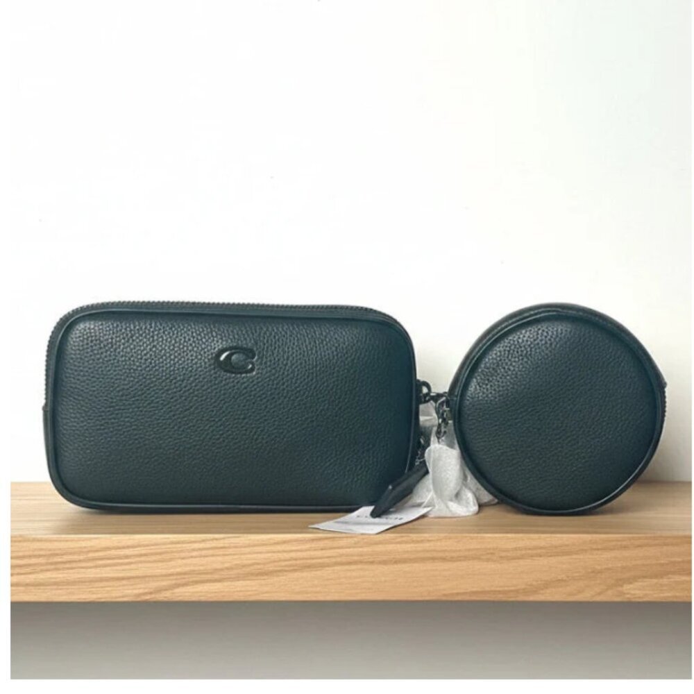 Coach Multi Pouch Belt Bag Black Leather Adjustable Removable